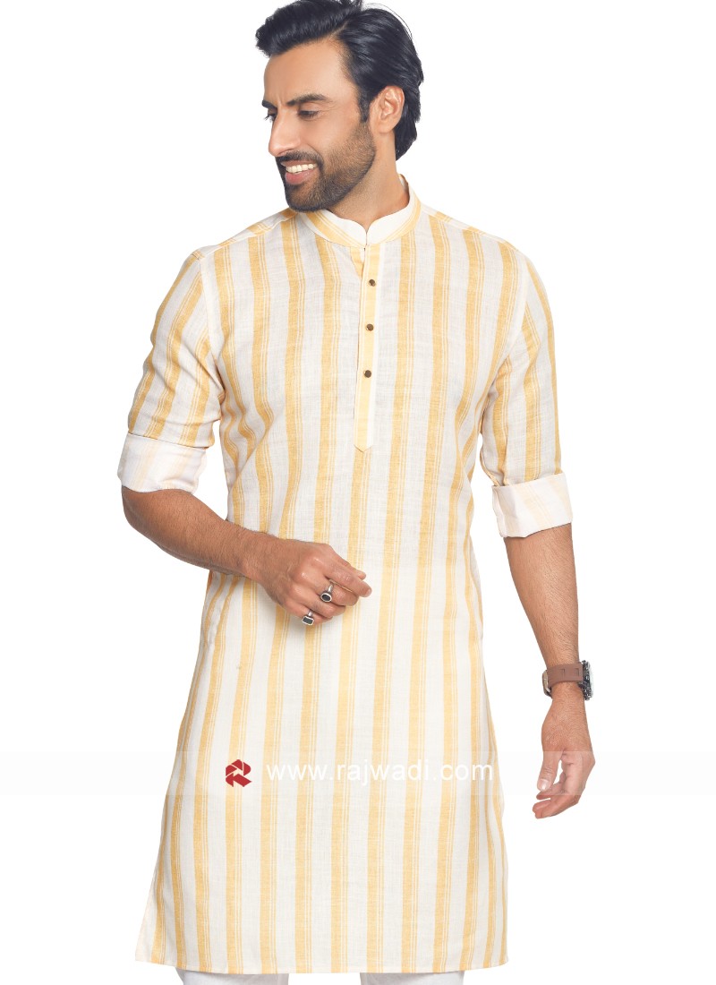 Yellow And White Kurta Set In Khadi Cotton With Lining Work